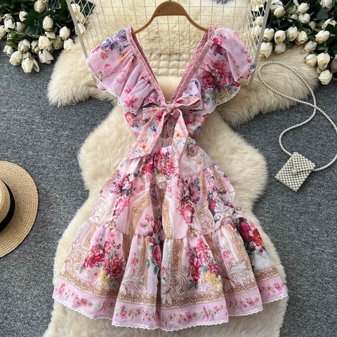 Deep V-neck Floral Print Dress