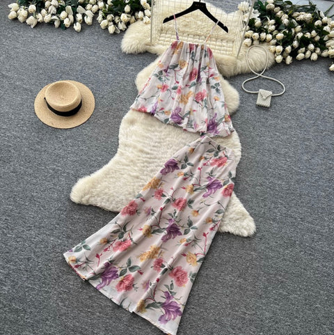 Asymmetric Floral Camisole & Skirt 2Pcs