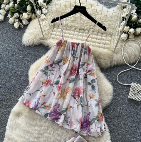 Asymmetric Floral Camisole & Skirt 2Pcs