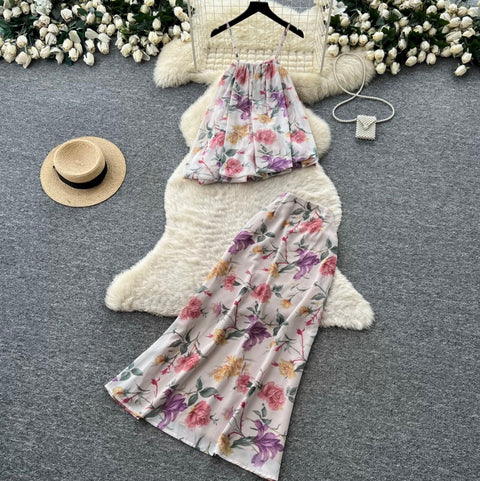 Asymmetric Floral Camisole & Skirt 2Pcs