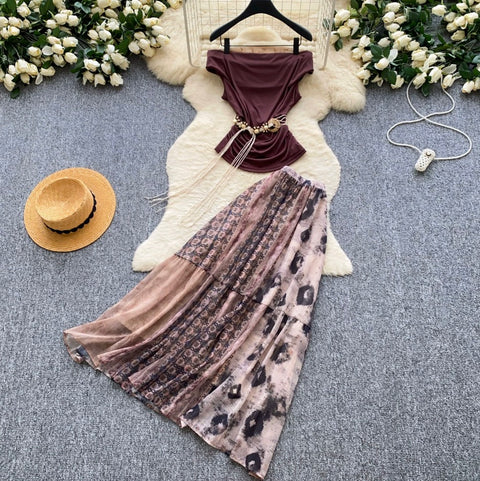 Off-shoulder Top & Print Skirt 2Pcs