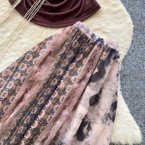 Off-shoulder Top & Print Skirt 2Pcs