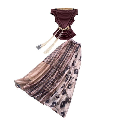 Off-shoulder Top & Print Skirt 2Pcs