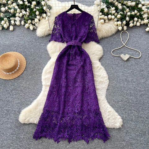 Elegant Hollowed Lace Dress with Belt
