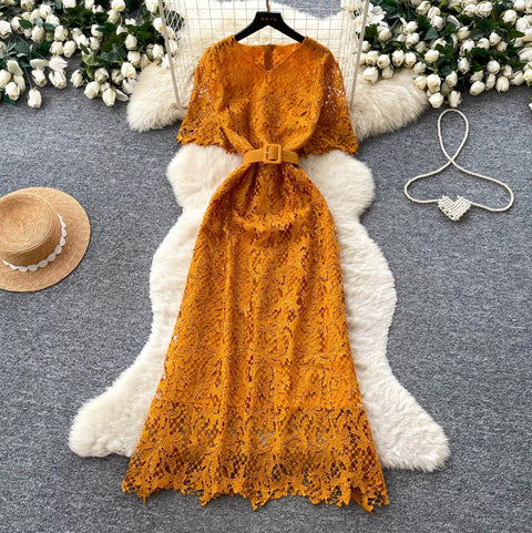 Elegant Hollowed Lace Dress with Belt