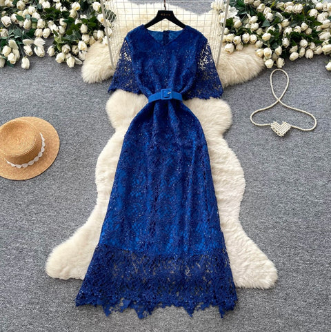 Elegant Hollowed Lace Dress with Belt
