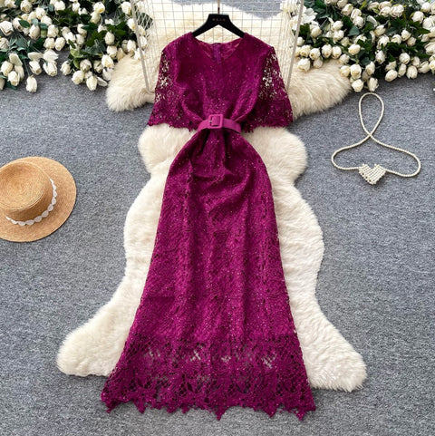 Elegant Hollowed Lace Dress with Belt