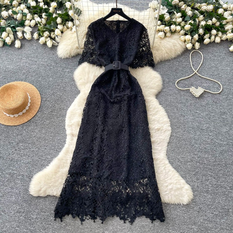 Elegant Hollowed Lace Dress with Belt