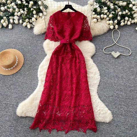 Elegant Hollowed Lace Dress with Belt