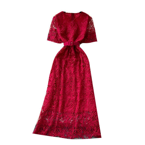 Elegant Hollowed Lace Dress with Belt