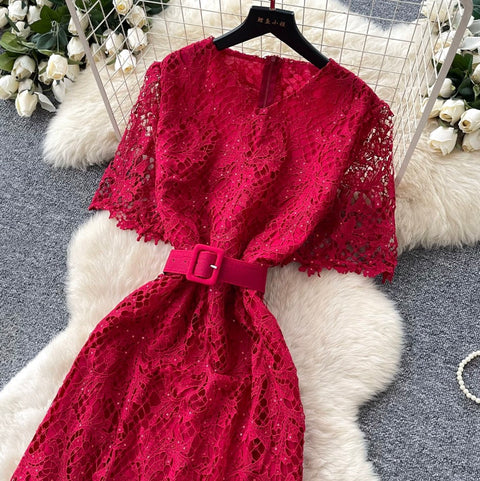 Elegant Hollowed Lace Dress with Belt