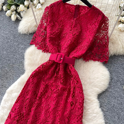 Elegant Hollowed Lace Dress with Belt