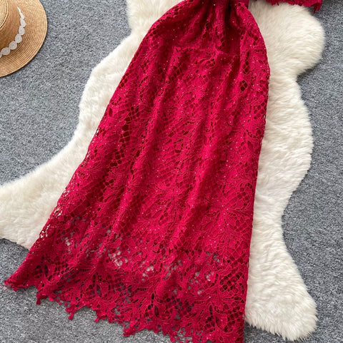 Elegant Hollowed Lace Dress with Belt