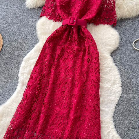 Elegant Hollowed Lace Dress with Belt