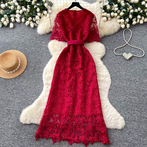 Elegant Hollowed Lace Dress with Belt