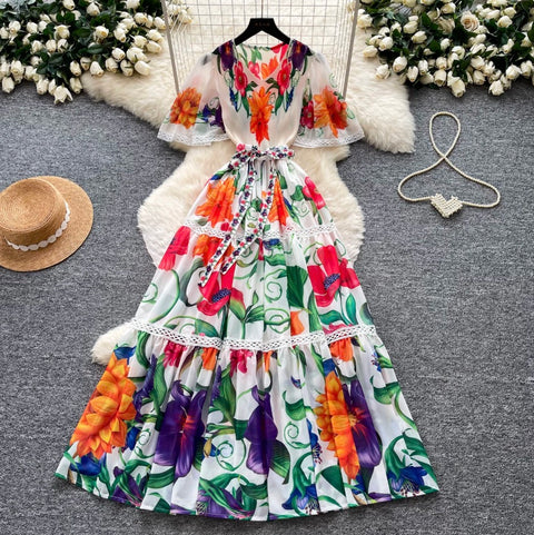 Holiday V-neck Floral Lace Dress