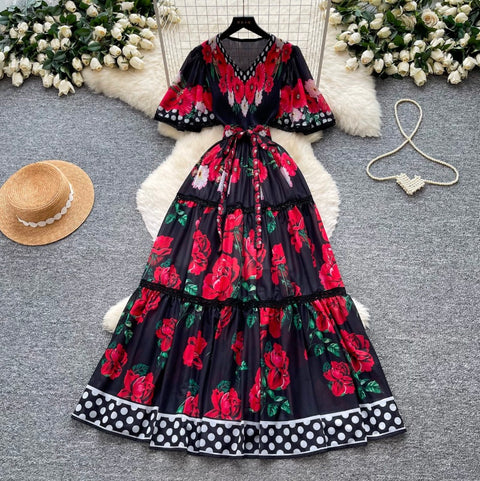 Holiday V-neck Floral Lace Dress