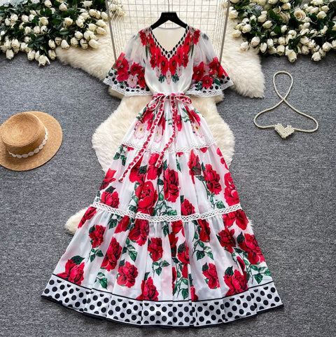 Holiday V-neck Floral Lace Dress