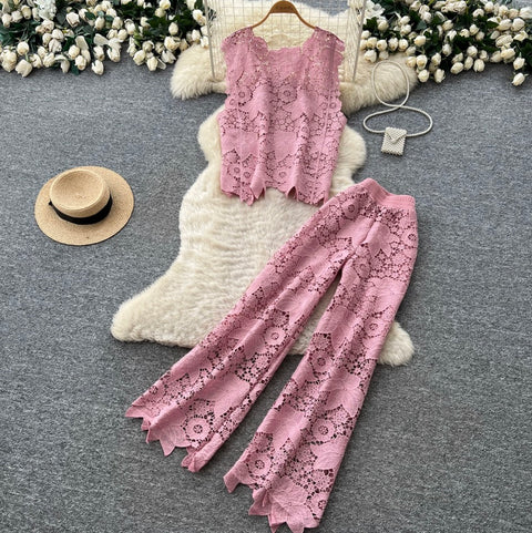 Hollowed Lace Vest & Pants 2Pcs