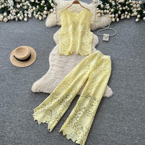 Hollowed Lace Vest & Pants 2Pcs