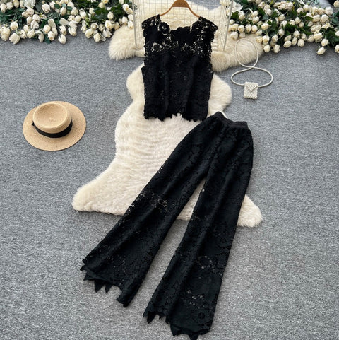 Hollowed Lace Vest & Pants 2Pcs