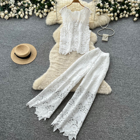 Hollowed Lace Vest & Pants 2Pcs