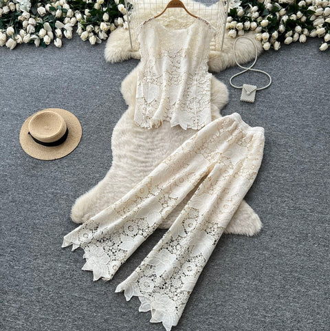 Hollowed Lace Vest & Pants 2Pcs