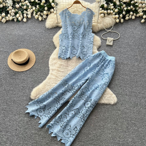 Hollowed Lace Vest & Pants 2Pcs