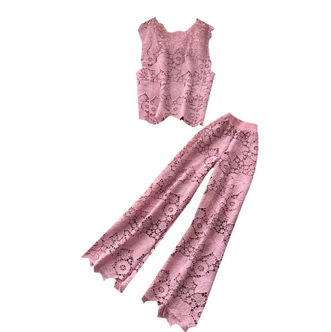 Hollowed Lace Vest & Pants 2Pcs