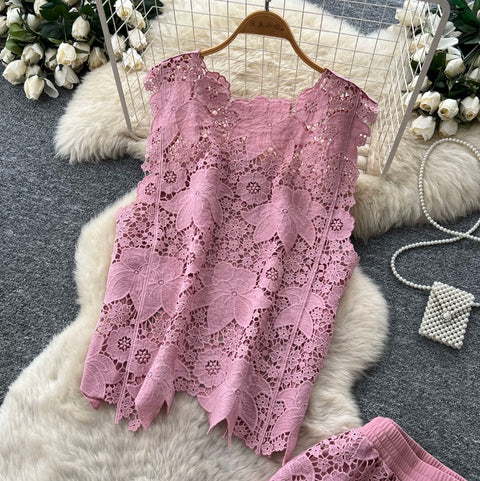 Hollowed Lace Vest & Pants 2Pcs