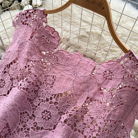 Hollowed Lace Vest & Pants 2Pcs