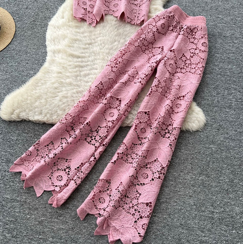 Hollowed Lace Vest & Pants 2Pcs