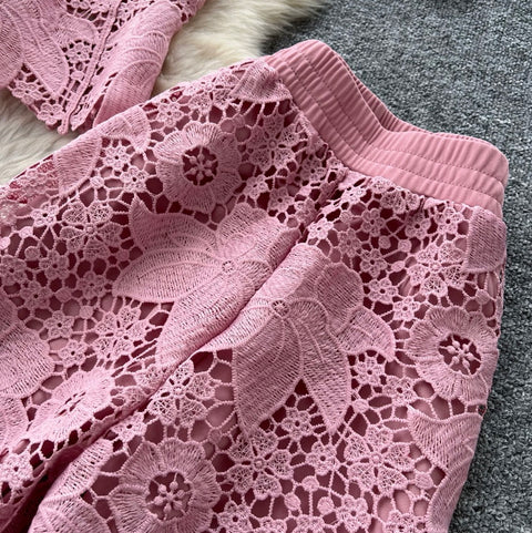Hollowed Lace Vest & Pants 2Pcs