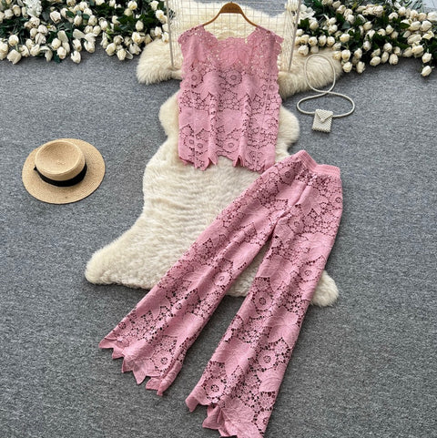 Hollowed Lace Vest & Pants 2Pcs