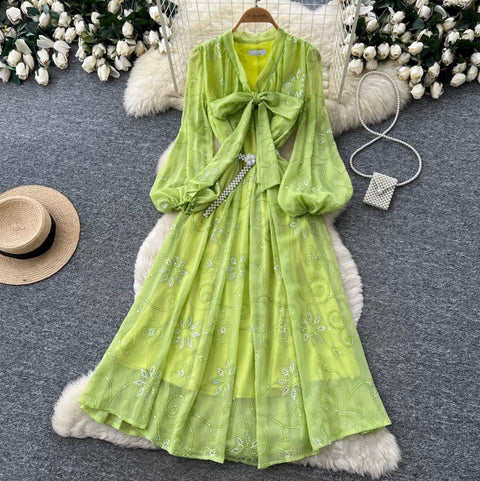 V-neck Bow Tie Sequined Dress
