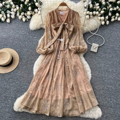 V-neck Bow Tie Sequined Dress