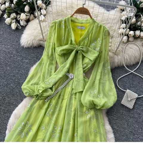 V-neck Bow Tie Sequined Dress