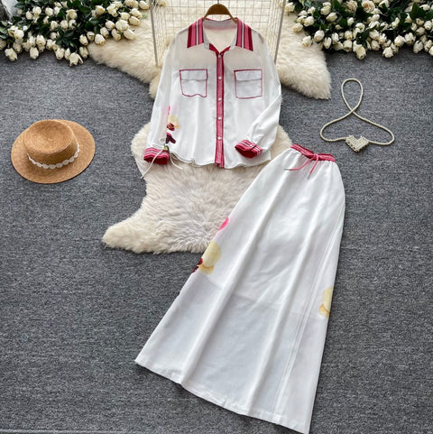 Printed Shirt & High-waist Skirt 2Pcs