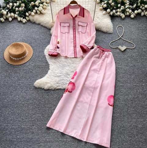 Printed Shirt & High-waist Skirt 2Pcs