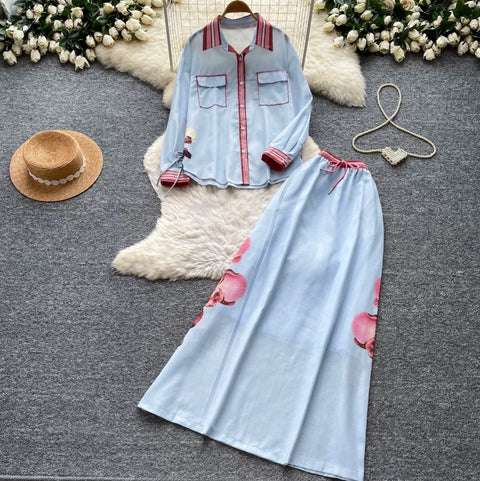 Printed Shirt & High-waist Skirt 2Pcs
