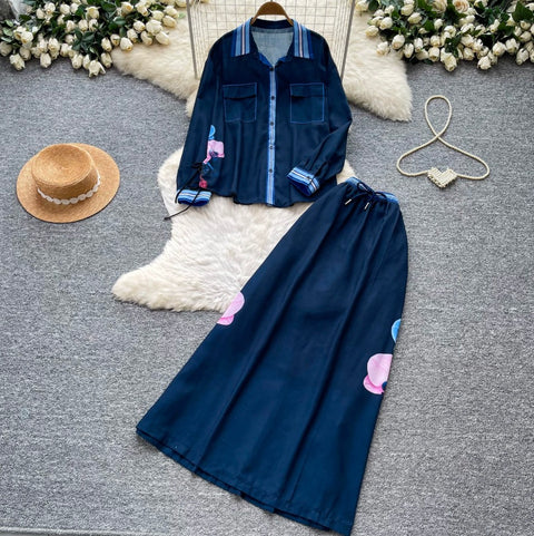 Printed Shirt & High-waist Skirt 2Pcs