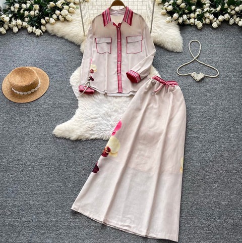 Printed Shirt & High-waist Skirt 2Pcs