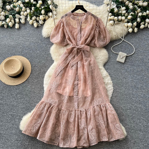 Puffy Sleeve A-line Lace Dress