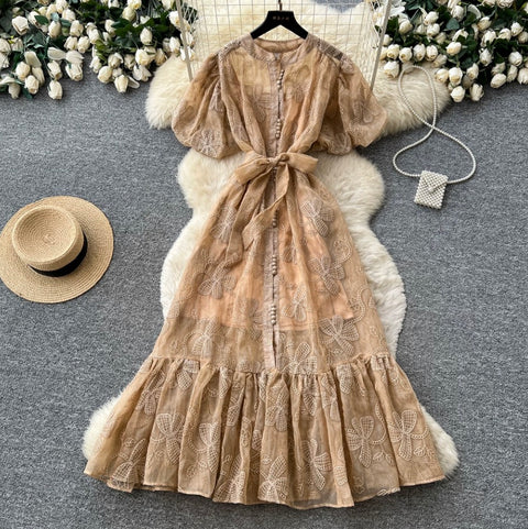 Puffy Sleeve A-line Lace Dress