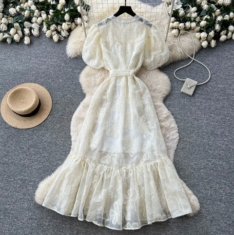 Puffy Sleeve A-line Lace Dress