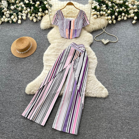 Striped Print Top & Trousers 2Pcs