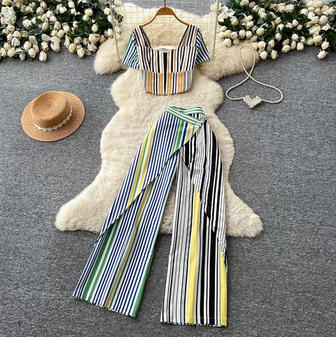 Striped Print Top & Trousers 2Pcs