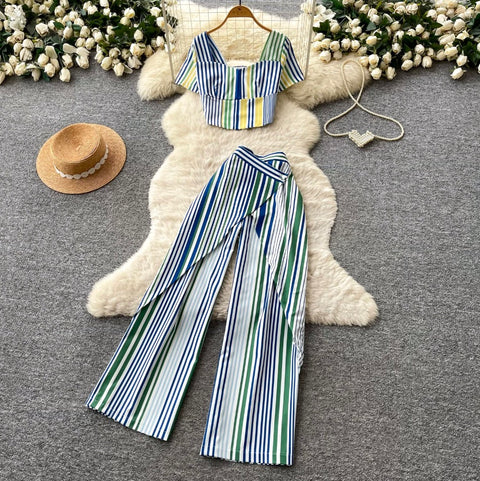 Striped Print Top & Trousers 2Pcs