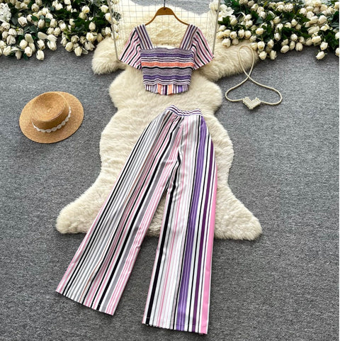 Striped Print Top & Trousers 2Pcs