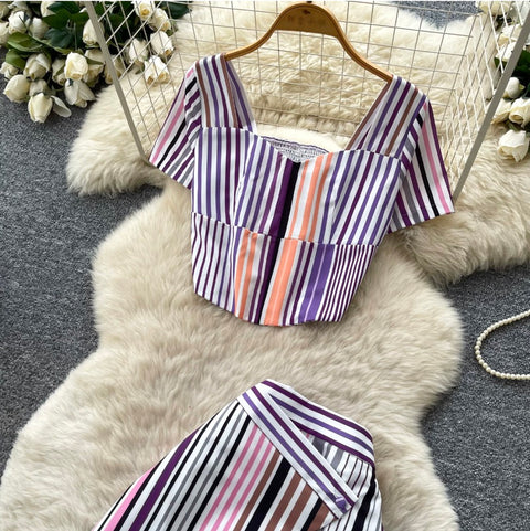 Striped Print Top & Trousers 2Pcs